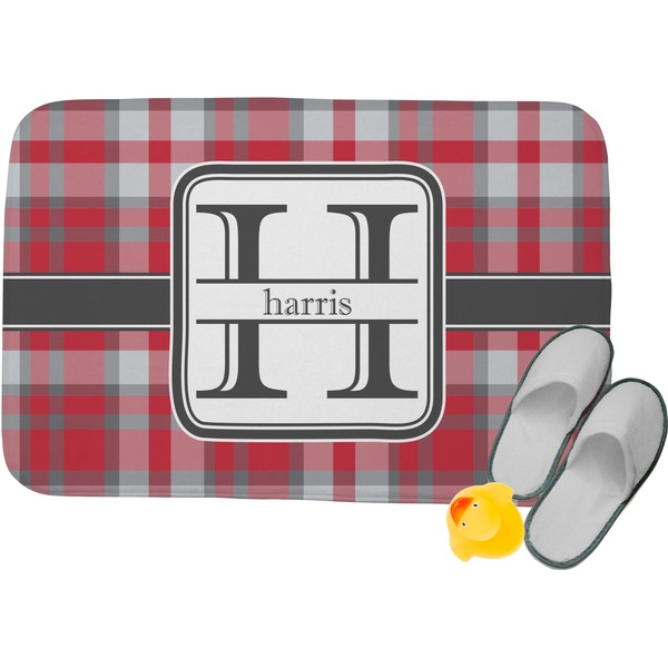 Custom Red & Gray Plaid Memory Foam Bath Mat (Personalized)