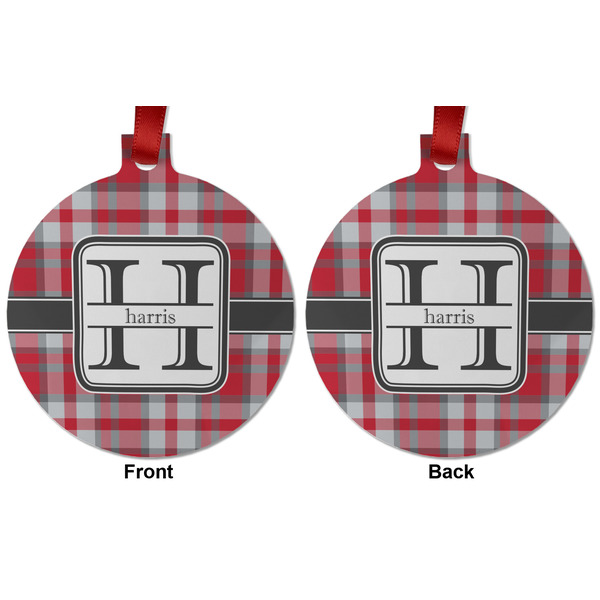 Red & Gray Plaid Metal Ball Ornament - Front and Back