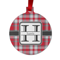Red & Gray Plaid Metal Ball Ornament - Double Sided w/ Name and Initial
