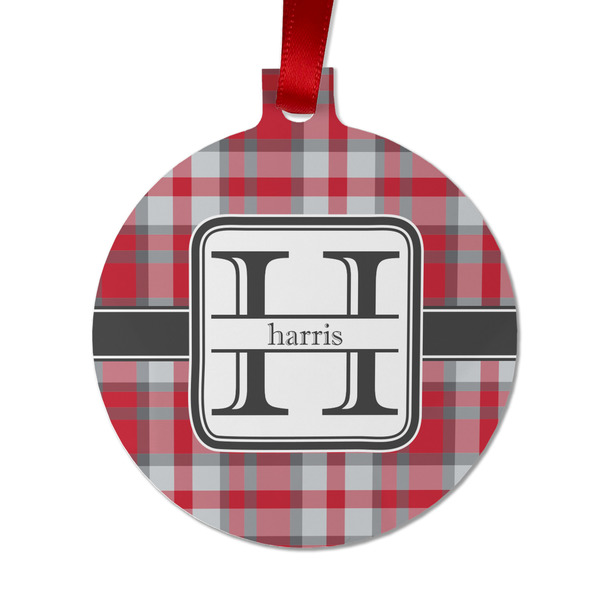 Custom Red & Gray Plaid Metal Ball Ornament - Double Sided w/ Name and Initial