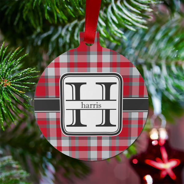 Red & Gray Plaid Metal Ball Ornament - Lifestyle