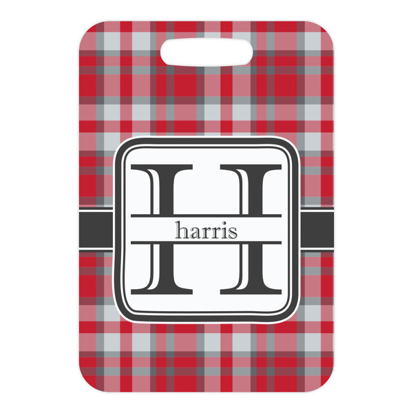 Red & Gray Plaid Metal Luggage Tag - Front Without Strap
