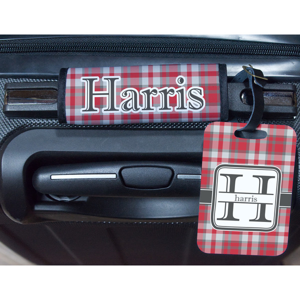 Red & Gray Plaid Metal Luggage Tag & Handle Wrap - In Context