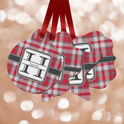 Red & Gray Plaid Metal Ornaments - Double Sided w/ Name and Initial