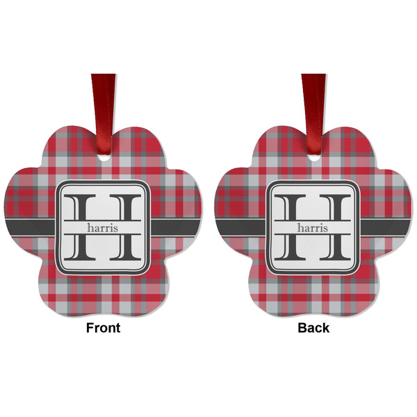 Red & Gray Plaid Metal Paw Ornament - Front and Back