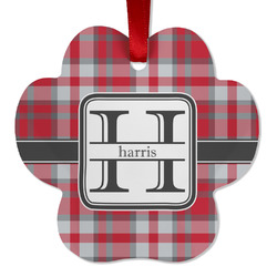 Red & Gray Plaid Metal Paw Ornament - Double Sided w/ Name and Initial