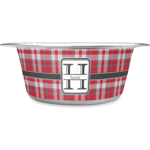 Custom Red & Gray Plaid Stainless Steel Dog Bowl (Personalized)