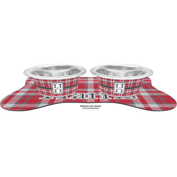 Red & Gray Plaid Metal Pet Bowls - On Dog Bone Shaped Mat