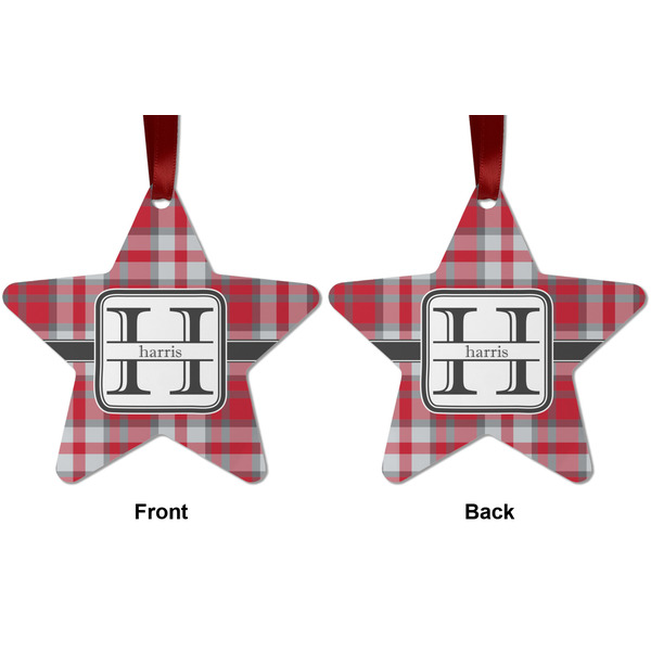 Red & Gray Plaid Metal Star Ornament - Front and Back