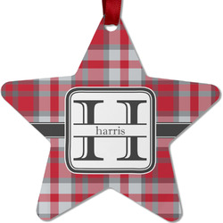 Red & Gray Plaid Metal Star Ornament - Double Sided w/ Name and Initial