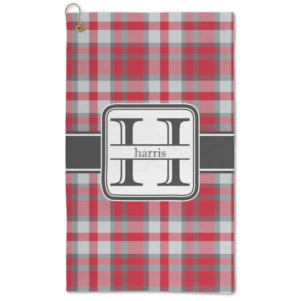 Custom Red & Gray Plaid Microfiber Golf Towel (Personalized)