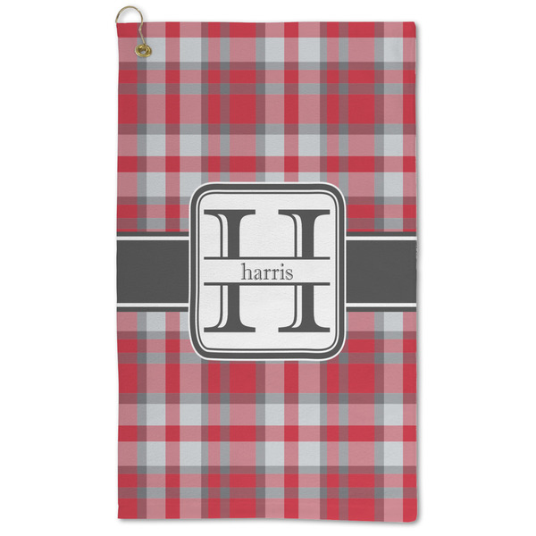 Custom Red & Gray Plaid Microfiber Golf Towel (Personalized)