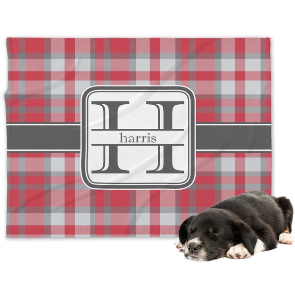 Custom Red & Gray Plaid Dog Blanket - Large (Personalized)