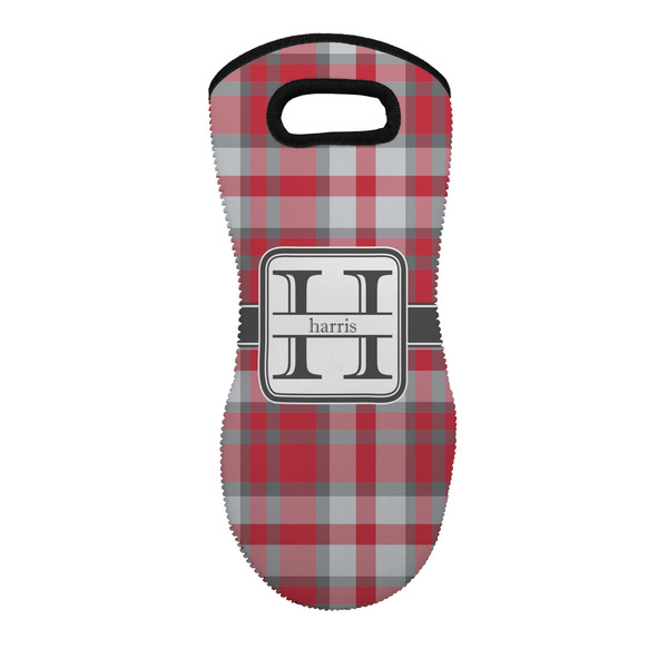 Custom Red & Gray Plaid Neoprene Oven Mitt w/ Name and Initial