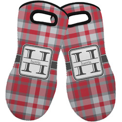Red & Gray Plaid Neoprene Oven Mitts - Set of 2 w/ Name and Initial