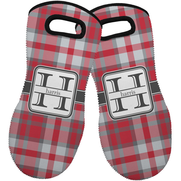 Custom Red & Gray Plaid Neoprene Oven Mitts - Set of 2 w/ Name and Initial