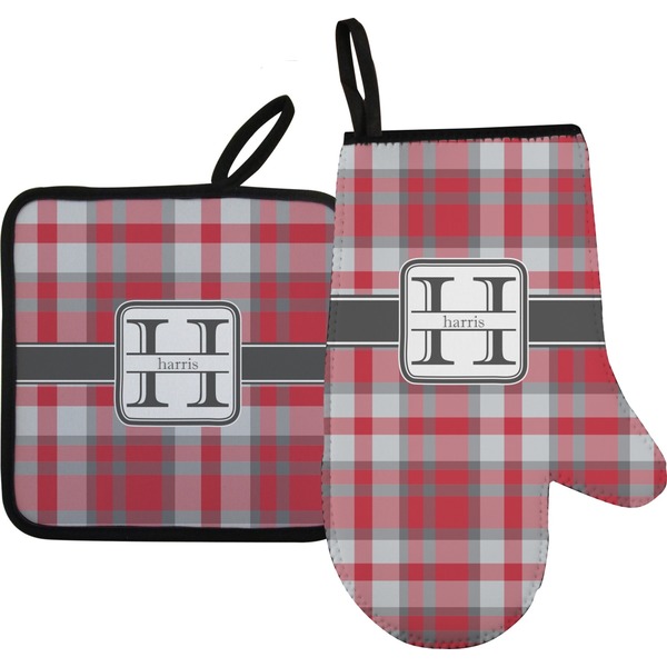 Custom Red & Gray Plaid Right Oven Mitt & Pot Holder Set w/ Name and Initial