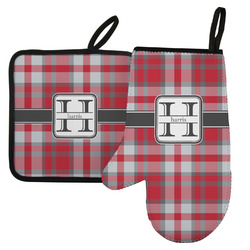 Red & Gray Plaid Left Oven Mitt & Pot Holder Set w/ Name and Initial