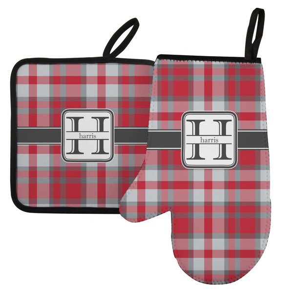 Custom Red & Gray Plaid Left Oven Mitt & Pot Holder Set w/ Name and Initial