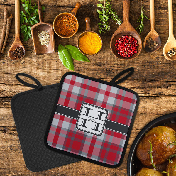 Red & Gray Plaid Neoprene Pot Holder - Set of 2  LIFESTYLE (Flatlay)