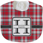 Red & Gray Plaid Velour Baby Bib w/ Name and Initial