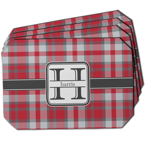 Custom Red & Gray Plaid Dining Table Mat - Octagon w/ Name and Initial
