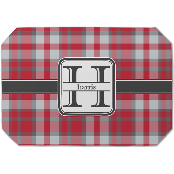 Custom Red & Gray Plaid Dining Table Mat - Octagon (Single-Sided) w/ Name and Initial