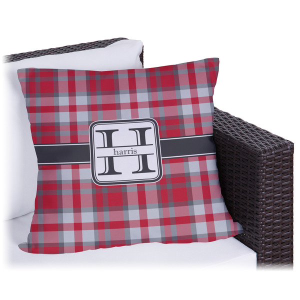 Custom Red & Gray Plaid Outdoor Pillow - 18" (Personalized)