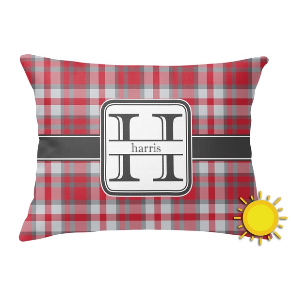 Custom Red & Gray Plaid Outdoor Throw Pillow (Rectangular) (Personalized)