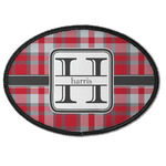 Red & Gray Plaid Iron On Oval Patch w/ Name and Initial