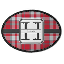 Red & Gray Plaid Iron On Oval Patch w/ Name and Initial