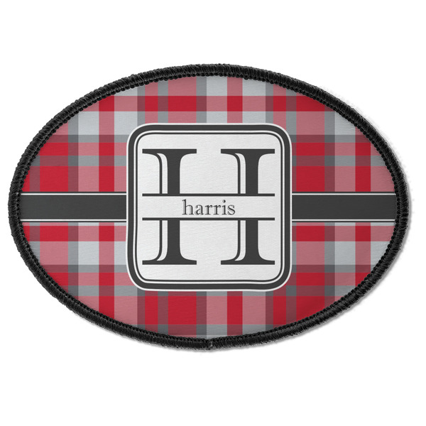 Custom Red & Gray Plaid Iron On Oval Patch w/ Name and Initial