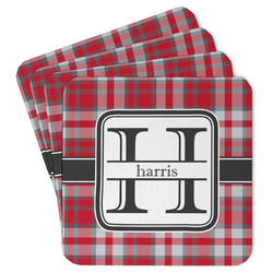 Red & Gray Plaid Paper Coasters w/ Name and Initial
