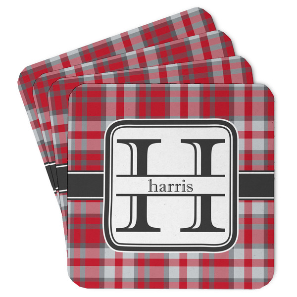 Custom Red & Gray Plaid Paper Coasters w/ Name and Initial