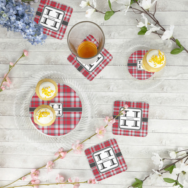 Red & Gray Plaid Paper Coasters - In Context