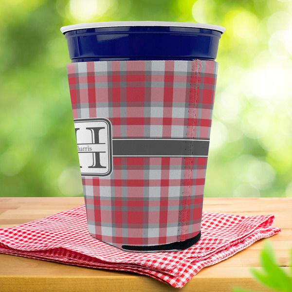 Red & Gray Plaid Party Cup Sleeves - with bottom - Lifestyle