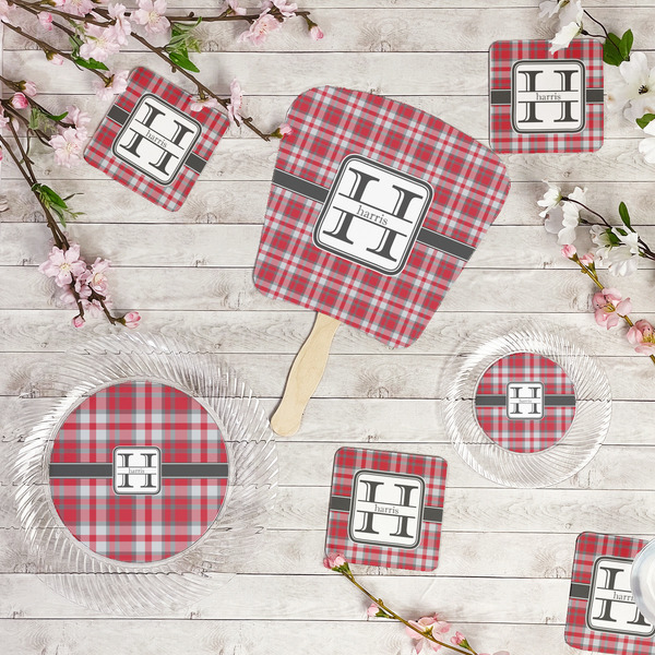 Red & Gray Plaid Party Supplies Combination Image - All items - Plates, Coasters, Fans