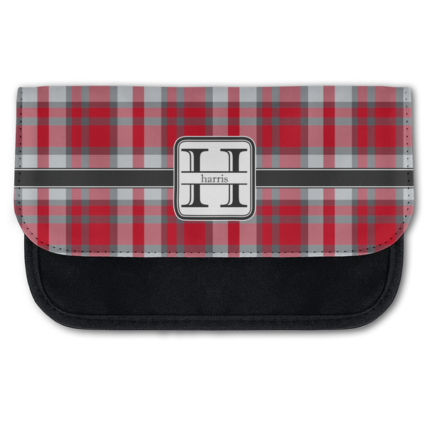 Custom Red & Gray Plaid Canvas Pencil Case w/ Name and Initial