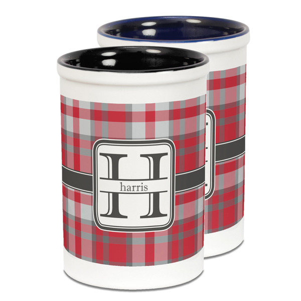 Custom Red & Gray Plaid Ceramic Pencil Holder - Large