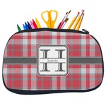 Red & Gray Plaid Neoprene Pencil Case - Medium w/ Name and Initial