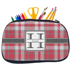 Red & Gray Plaid Neoprene Pencil Case - Medium w/ Name and Initial