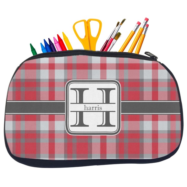 Custom Red & Gray Plaid Neoprene Pencil Case - Medium w/ Name and Initial