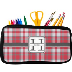 Red & Gray Plaid Neoprene Pencil Case - Small w/ Name and Initial