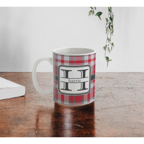 Red & Gray Plaid Personalized Coffee Mug - Lifestyle