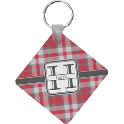 Red & Gray Plaid Diamond Plastic Keychain w/ Name and Initial