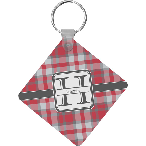 Custom Red & Gray Plaid Diamond Plastic Keychain w/ Name and Initial