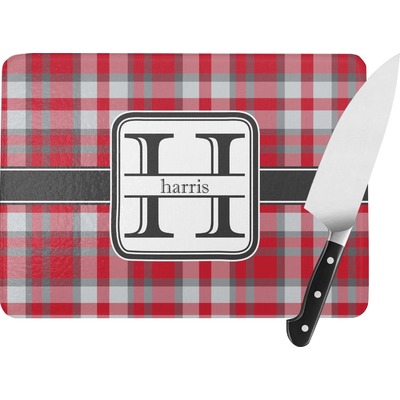 Red & Gray Plaid Rectangular Glass Cutting Board (Personalized)