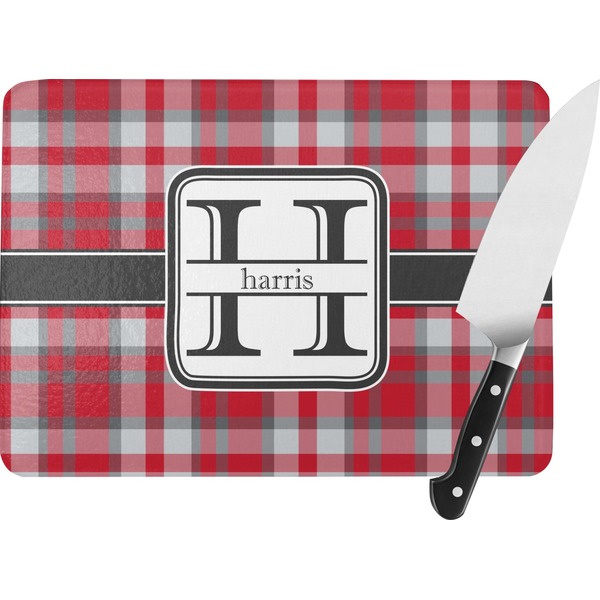 Custom Red & Gray Plaid Rectangular Glass Cutting Board - Large - 15.25"x11.25" w/ Name and Initial