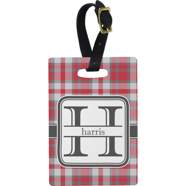 Custom Red & Gray Plaid Plastic Luggage Tag - Rectangular w/ Name and Initial