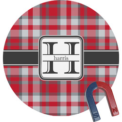 Red & Gray Plaid Round Fridge Magnet (Personalized)